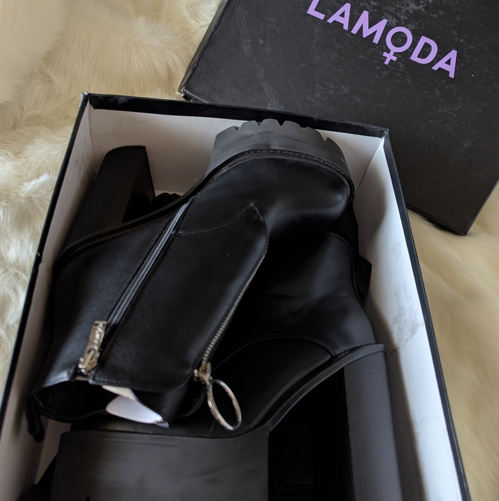 NEW Lamoda x Dollskill ASOS O-Ring Platform Zippered Heeled Boots Black Size 10 - Picture 11 of 12